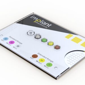 A Processing Set Standard Range box contains six color-coded dental implant parts, labeled by force—light, medium, and heavy.