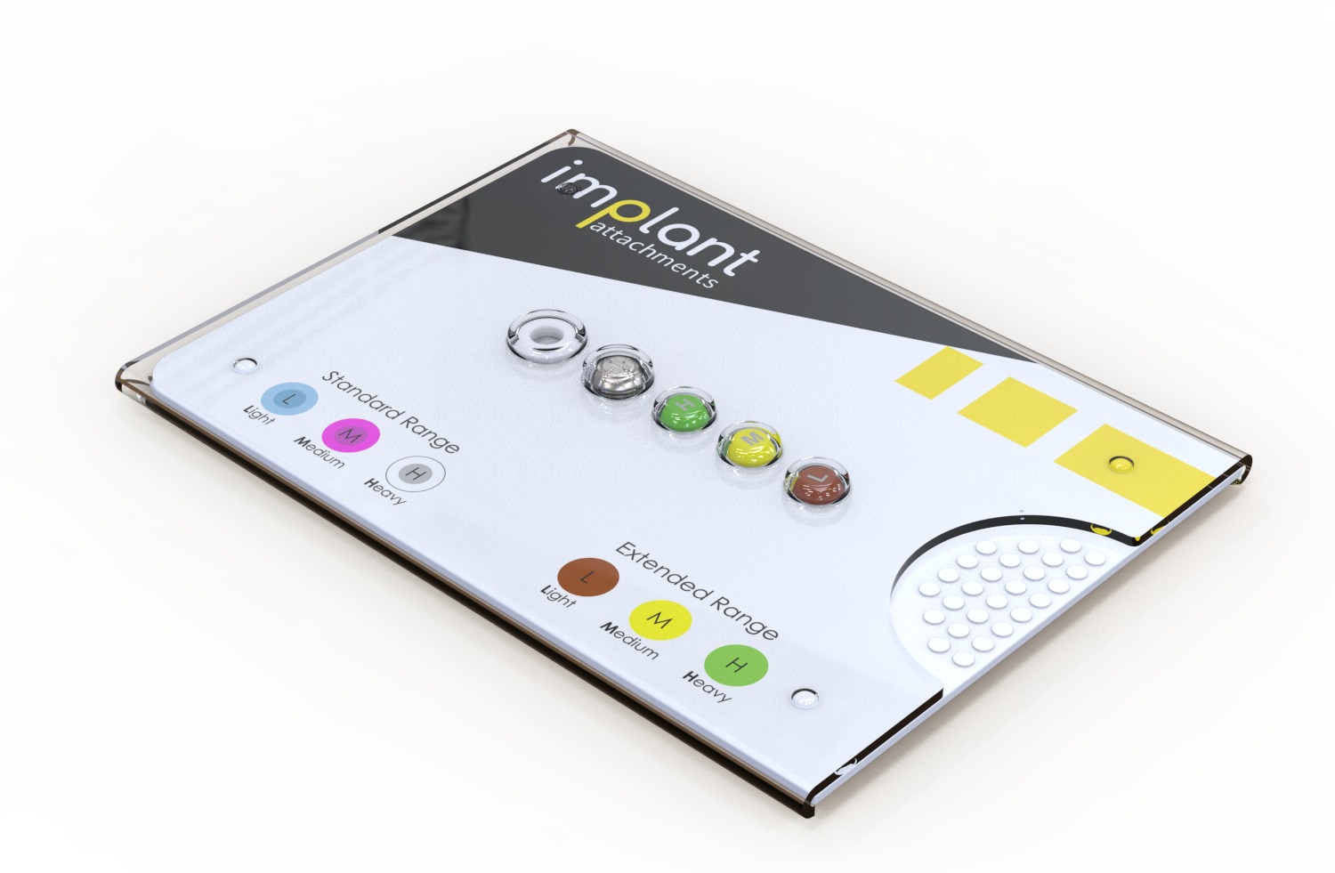 A Processing Set Standard Range box contains six color-coded dental implant parts, labeled by force—light, medium, and heavy.