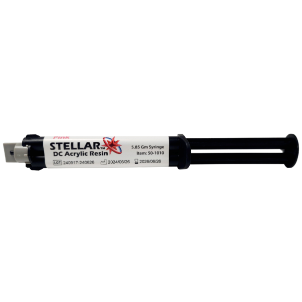 The "Stellar DC Acrylic Resin" syringe contains 5.85 grams of resin, includes visible batch numbers and expiration dates, and is perfect for crafting precise dental implant attachments.