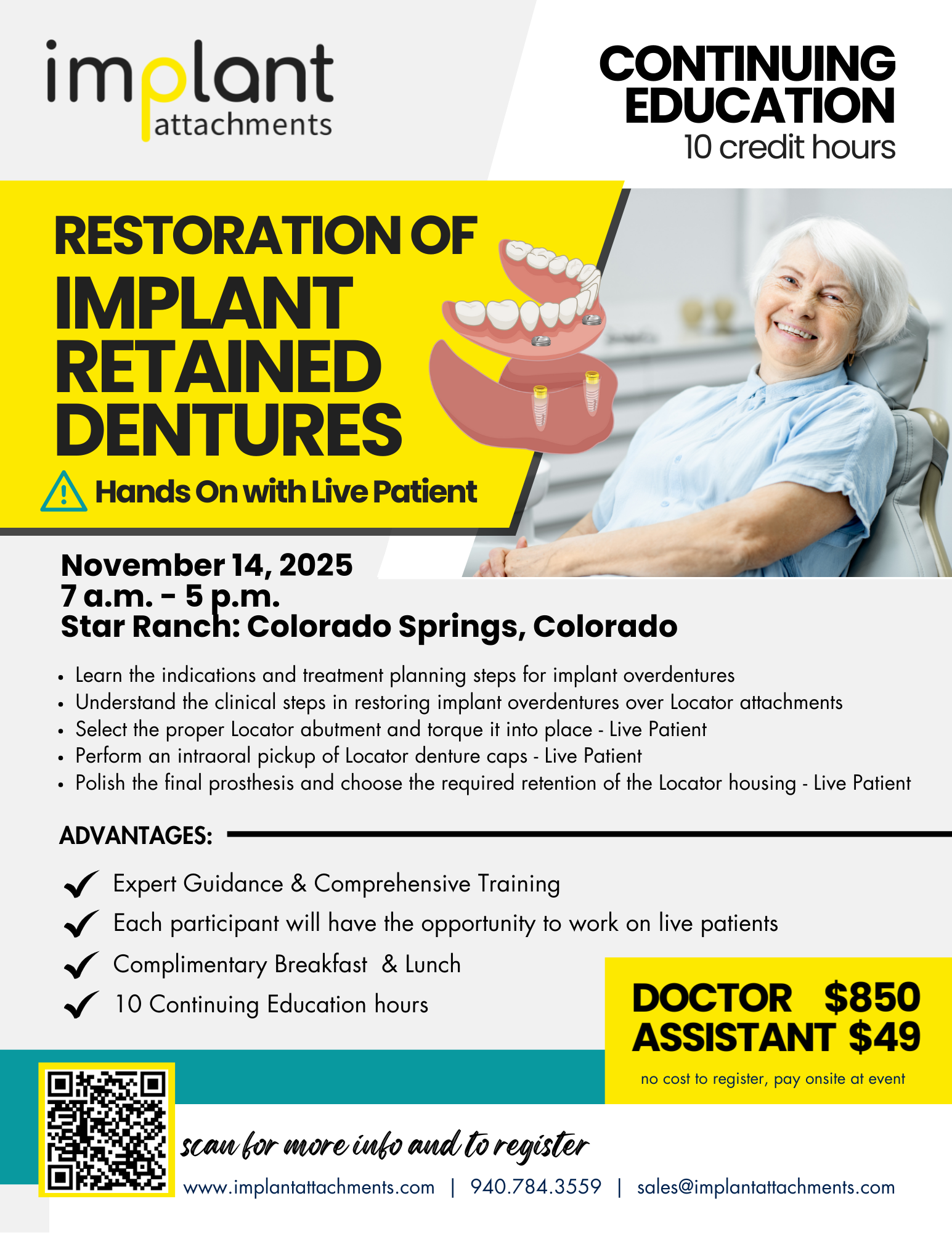 Flyer for a dental continuing education event on implant retained dentures, featuring a smiling woman and event details including date, location, pricing, and contact information.